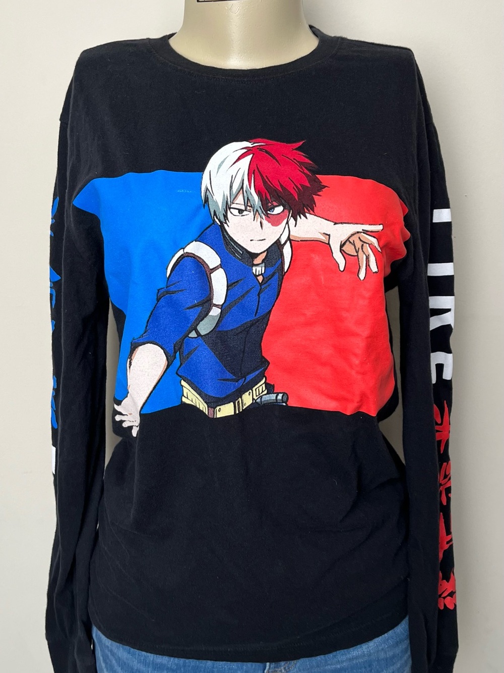 Hot Topic Black Long-Sleeve Todoroki Graphic Tee - Red & Blue